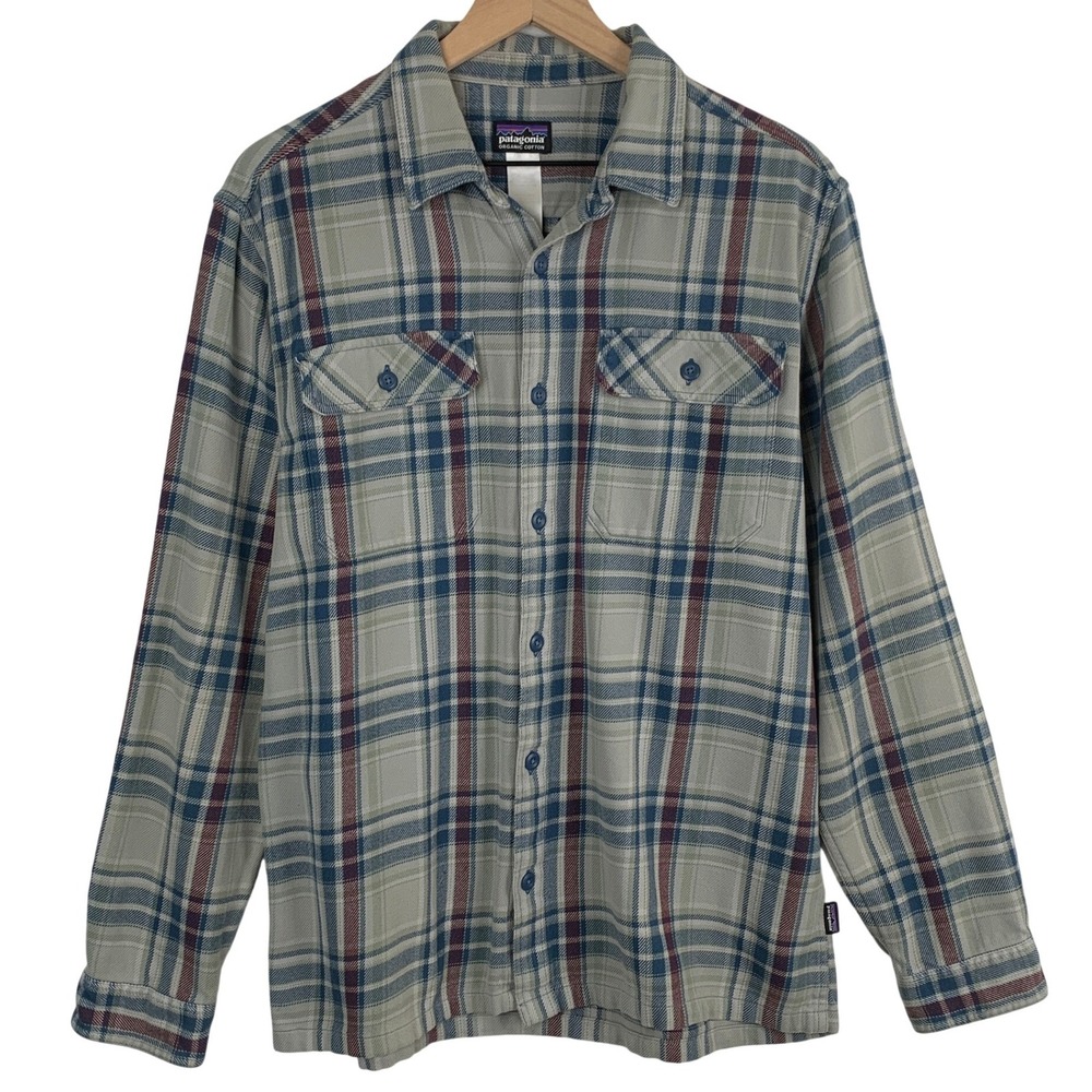 PATAGONIA Organic Cotton Plaid Long Sleeve Shirt Men's Grey Blue Button Up Soft